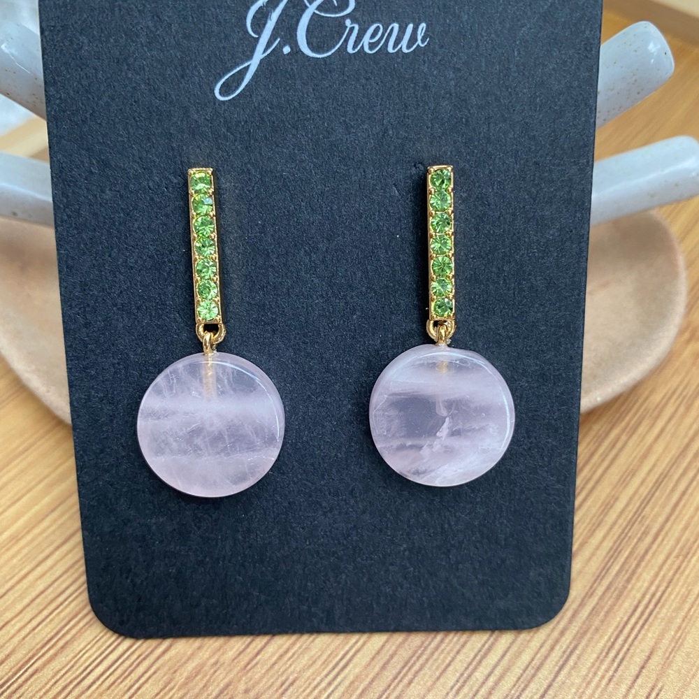 New J. Crew Semi Precious Rose Quartz Stone Peridot Green Nephrite Drop Earrings